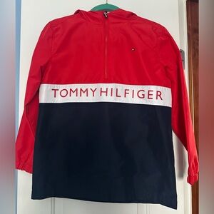 TOMMY HILFIGER Size 12/14 Boy Red, Navy, & White Hooded Rain Jacket with Pockets